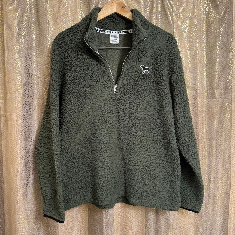 PINK Victorias Secret Olive Green Pullover Sherpa Quarter Zip Sweater Large